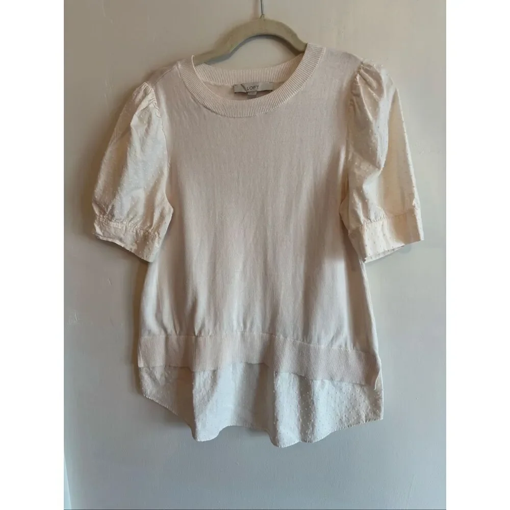 Loft Ivory Puff Sleeve Blouse Size Medium Polka Dot Texture Scoop Neck